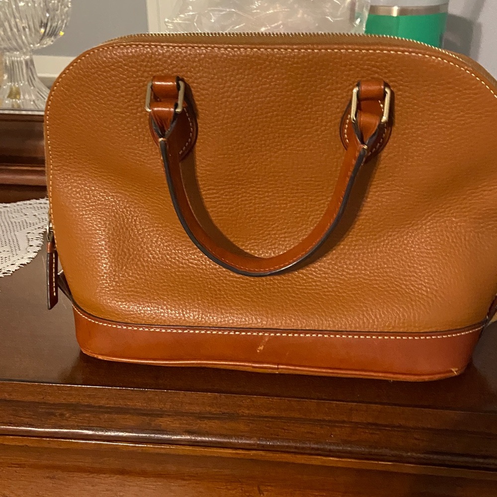 Dooney & Bourke Two-Tone Tan and Chestnut Leather Dome Satchel with Strap - Picture 5 of 5